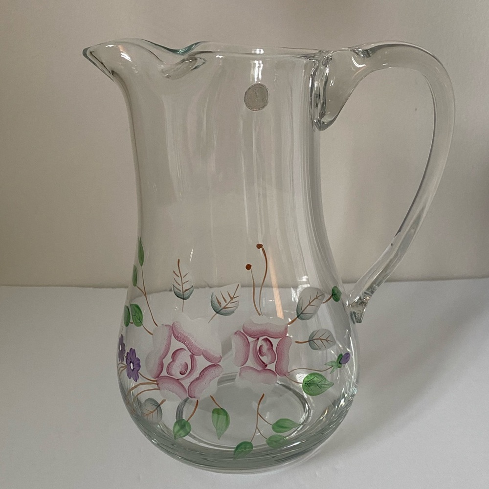 Vintage Crystal Clear Hand Painted Floral Glass Pitcher Made in Romania 9” Tall